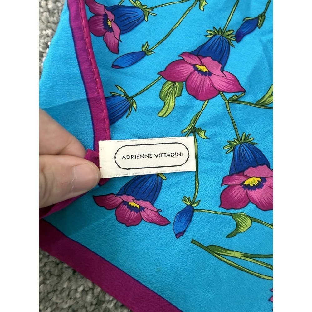 Vintage Adrienne Vittadini Silk Scarf Vibrant Purple Blue Floral 30" Square Tie - Picture 5 of 9